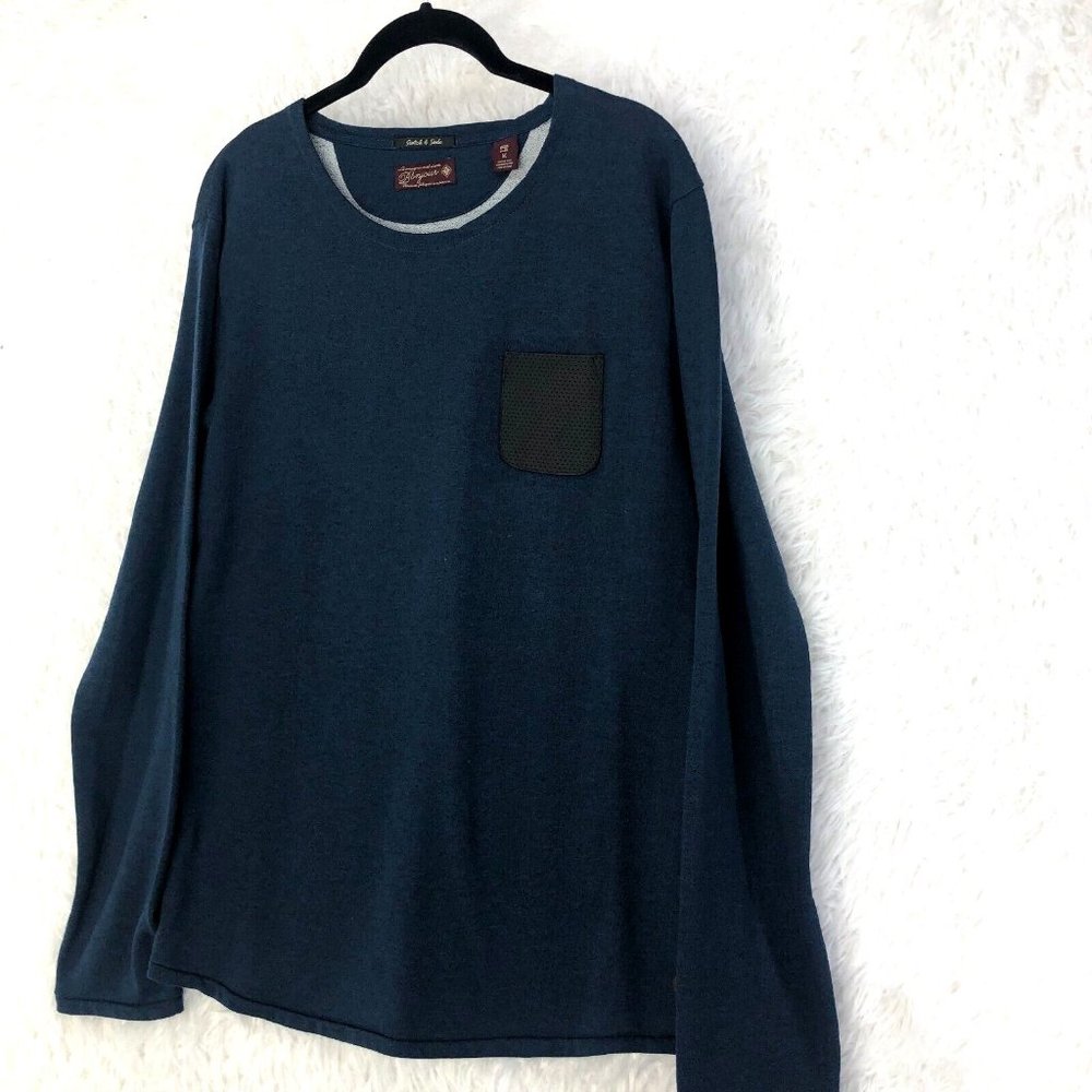 Scotch Soda Shirt Men Medium Blue Bonjour Pullover Pocket Knit Tee Logo Crewneck - Picture 2 of 7